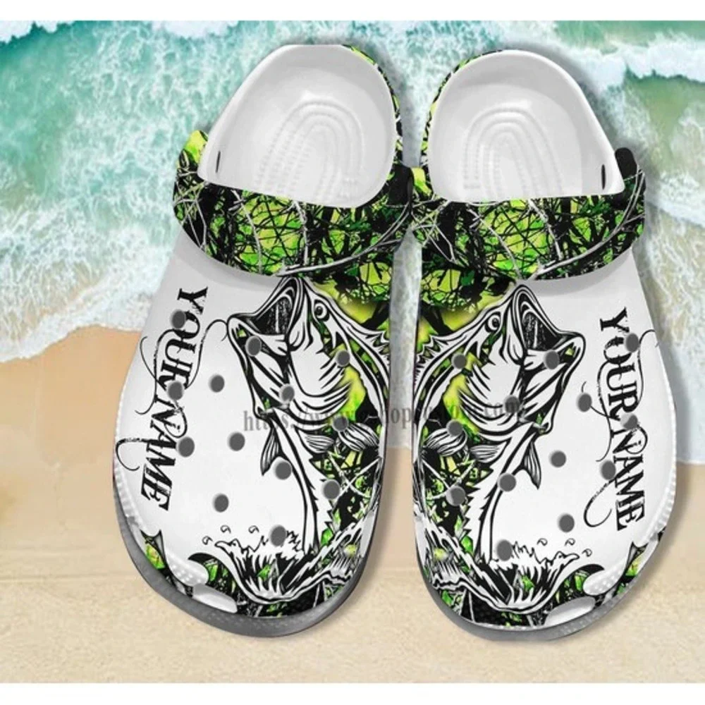 Mens Fishing Bass Graphic Foam Clogs White Green Camo Slip On